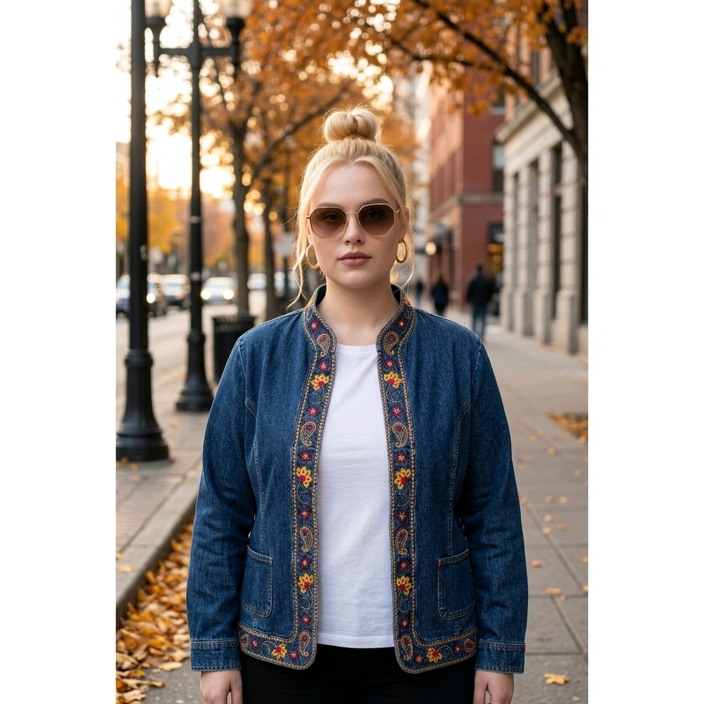 Alfred Dunner Denim Open Jacket Women 14 Blue Embroidered Floral Paisley Boho